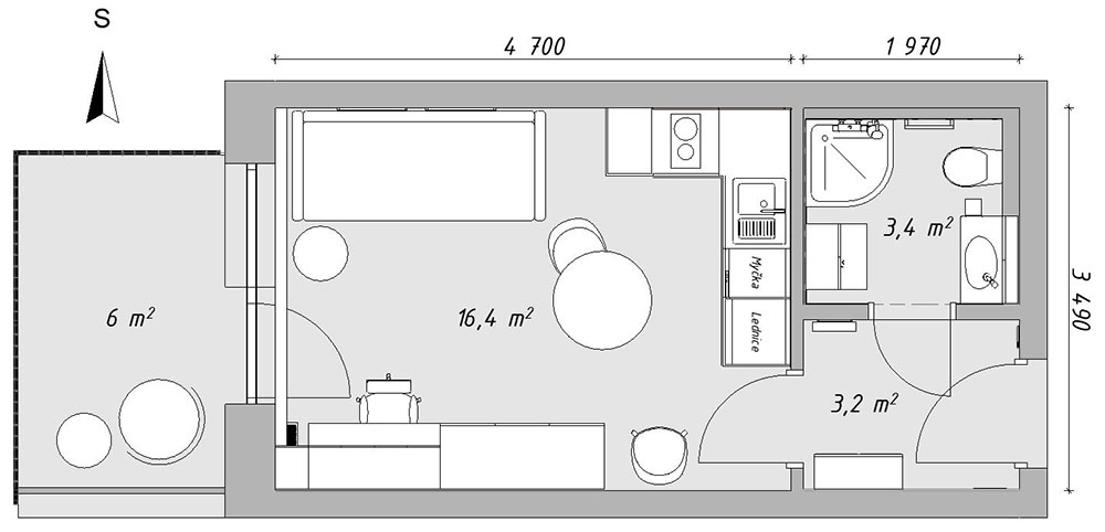 návrh interiéru bytu 1kk