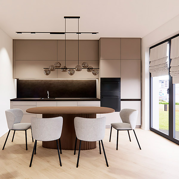 Moderní obývací pokoj s kuchyní a jídelním koutem, béžová kuchyně s tmavou zádovou deskou, kulatý dřevěný stůl a čalouněné židle.