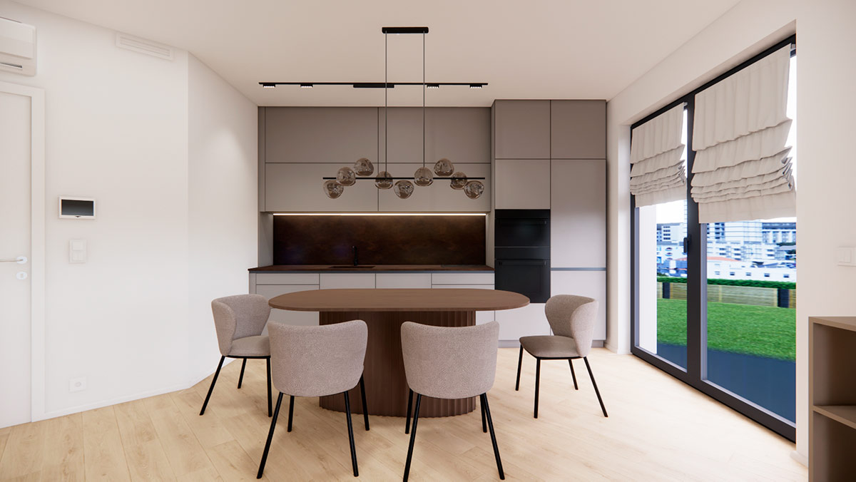 návrh obývacího pokoje s kuchyní v bytě v novostavbě Praha