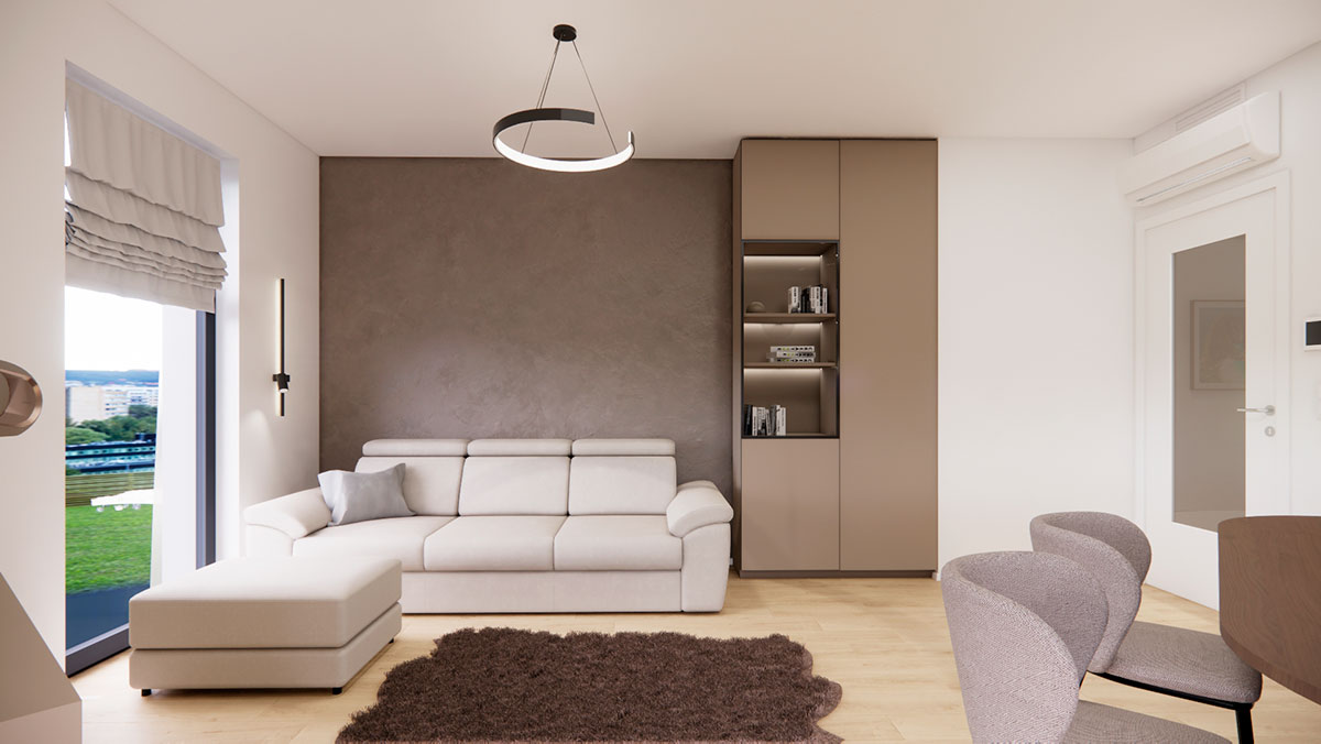 obývací pokoj v béžových tónech s minimalistickým nábytkem