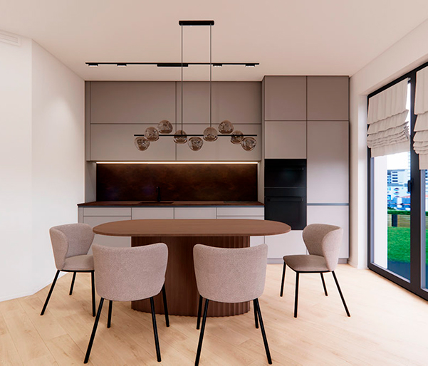 návrh obývacího pokoje s kuchyní v béžovém minimalistickém interiéru