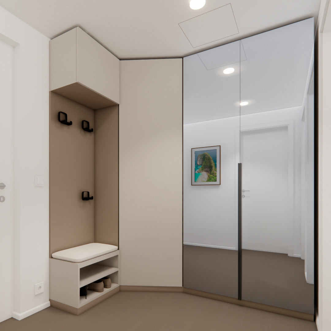 návrh předsíně s vestavěnou skříní v bytě v novostavbě